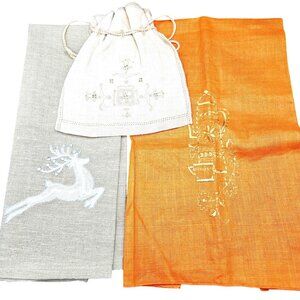 VTG lot of 3 embroidered linen tea towels and drawstring gift bag set tea/deer